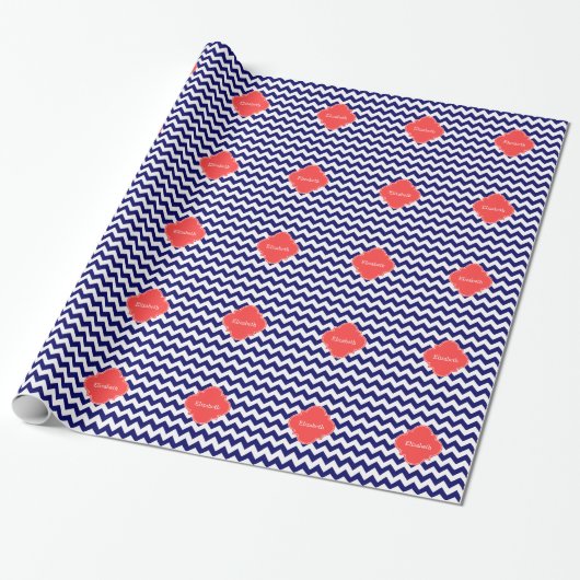 Navy WhZickzack Zigzag Coral Quatrefoil Monogramm Geschenkpapier (Ungerollt)