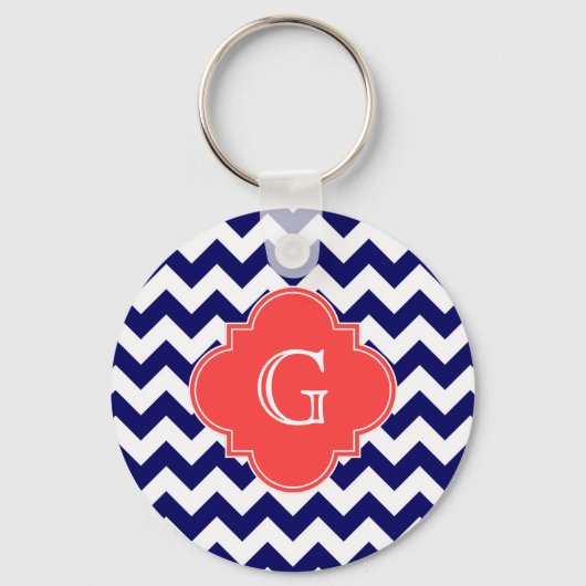 Navy WhZickzack Zigzag Coral Quatrefoil Monogramm Schlüsselanhänger (Vorderseite)