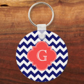 Navy WhZickzack Zigzag Coral Quatrefoil Monogramm Schlüsselanhänger (Vorderseite)