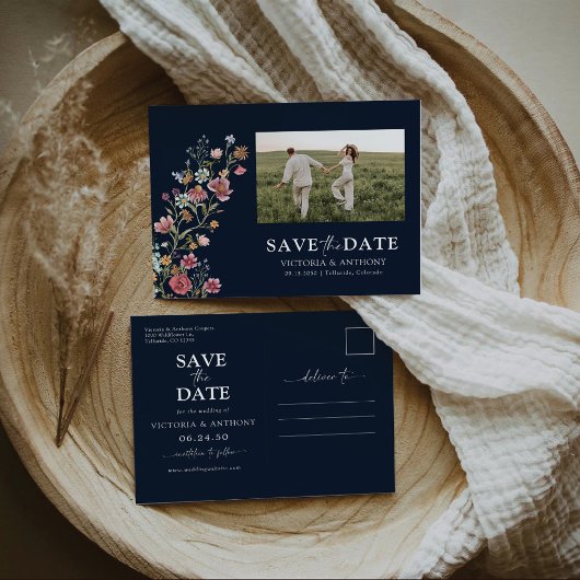 Navy-Wildblumen Save the Date mit Foto-Postkarte Postkarte