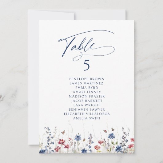 Navy Wildflower Rustic table number seating chart Einladung (Vorderseite)