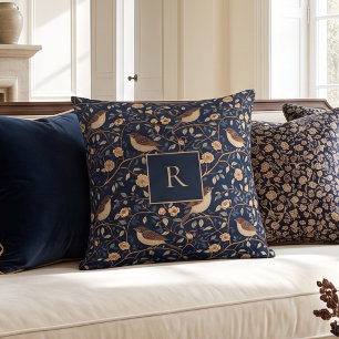 Navy William Morris Vintage Vogel Blumen Monogramm Kissen