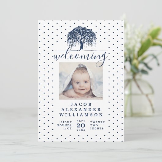 Navy Willow Family Tree Baby Birth Ankündigung (Stehend Vorderseite)