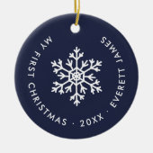 Navy Winter Snowflake First Christmas Keepake Keramik Ornament (Vorne)