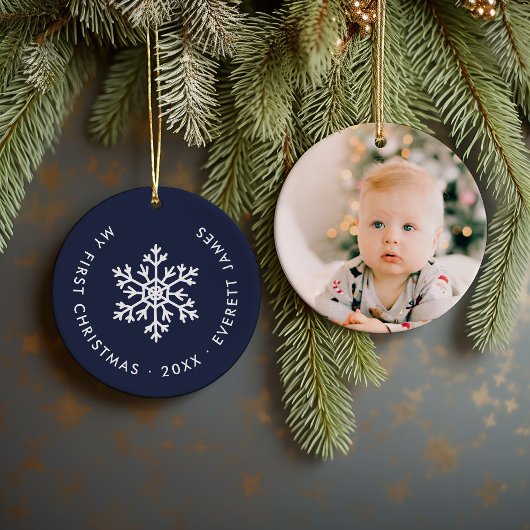 Navy Winter Snowflake First Christmas Keepake Keramik Ornament