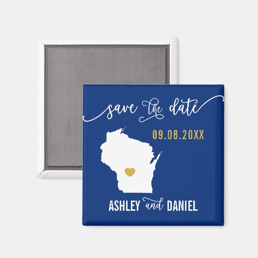 Navy Wisconsin Wedding Save the Date Map Magnet (Vorderseite/Rückseite)