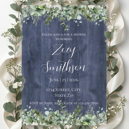 Navy Wood Eucalyptus Bridal Shower Invitation Einladung