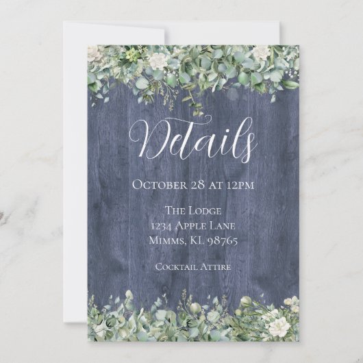 Navy Wood Eucalyptus Wedding Details Card | Rustic Einladung (Vorderseite)