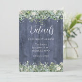 Navy Wood Eucalyptus Wedding Details Card | Rustic Einladung (Stehend Vorderseite)