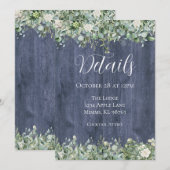 Navy Wood Eucalyptus Wedding Details Card | Rustic Einladung (Vorne/Hinten)