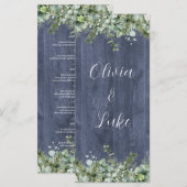 Navy Wood Eucalyptus Wedding Menu | Rustic Florals Menükarte (Vorne/Hinten)
