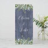 Navy Wood Eucalyptus Wedding Menu | Rustic Florals Menükarte (Stehend Vorderseite)