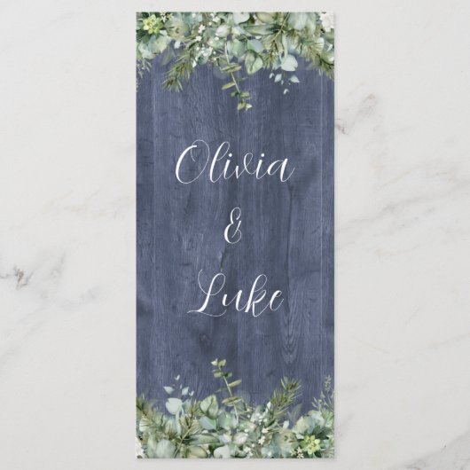 Navy Wood Eucalyptus Wedding Menu | Rustic Florals Menükarte (Vorderseite)
