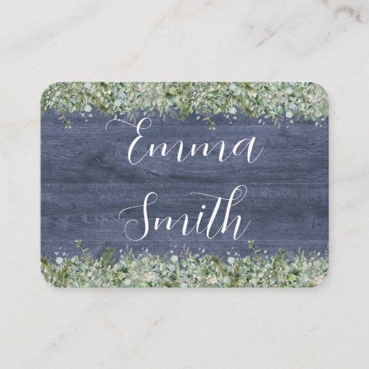 Navy Wood Eucalyptus Wedding Place Cards | Rustic Platzkarte (Vorderseite)