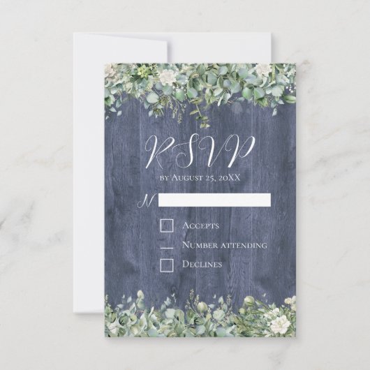 Navy Wood Eucalyptus Wedding RSVP Card | Rustic Karte (Vorderseite)