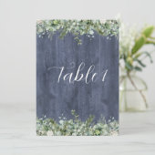 Navy Wood Eucalyptus Wedding Table Numbers Einladung (Stehend Vorderseite)