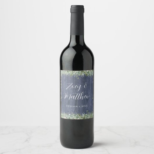 Navy Wood Eucalyptus Wedding Wine Label | Rustic Weinetikett (Vorderseite)