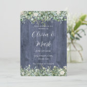 Navy Wood Eucalyptus White Floral Wedding Einladung (Stehend Vorderseite)