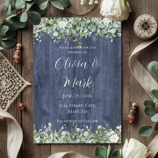 Navy Wood Eucalyptus White Floral Wedding Einladung