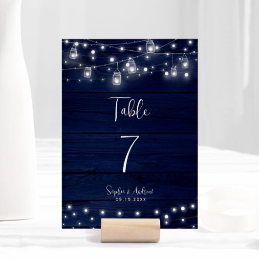 Navy Wood Mason Jars Lights Hochzeit Tischnummer