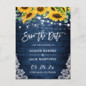Navy Wood Sonnenblumen String Lights Save the Date Postkarte (Vorderseite)