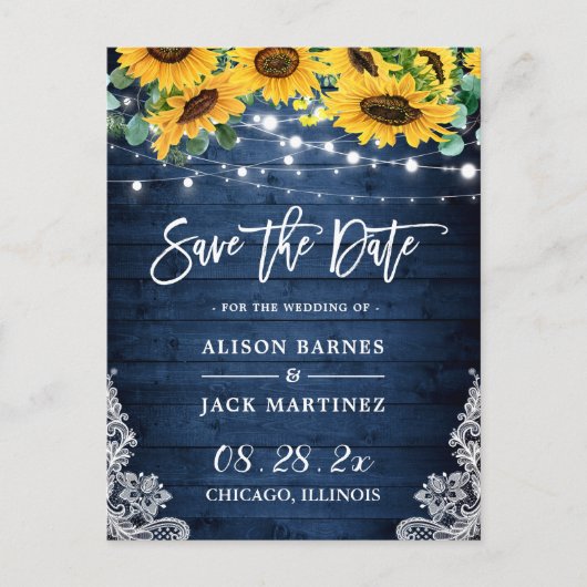 Navy Wood Sonnenblumen String Lights Save the Date Postkarte (Vorderseite)