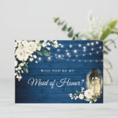 Navy Wood White Roses werden Sie meine Trauzeugin Einladung (Stehend Vorderseite)