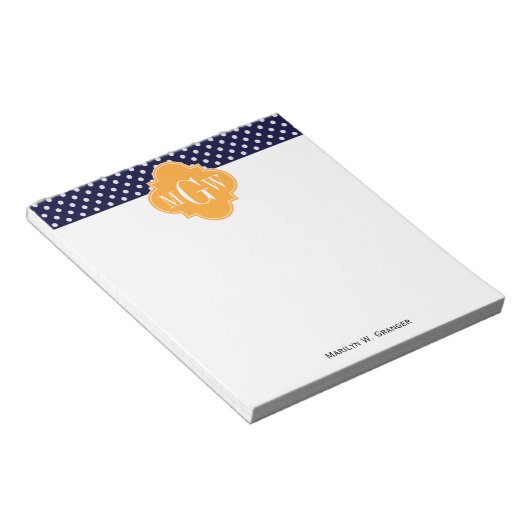 Navy Wt Polka Dot Cantaloupe Quatrefolie 3 Monogra Notizblock (angewinkelt)