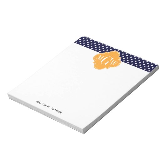 Navy Wt Polka Dot Cantaloupe Quatrefolie 3 Monogra Notizblock (Rotiert)