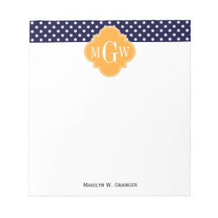 Navy Wt Polka Dot Cantaloupe Quatrefolie 3 Monogra Notizblock