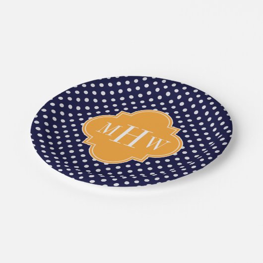 Navy Wt Polka Dot Cantaloupe Quatrefolie 3 Monogra Pappteller (Schrägansicht)