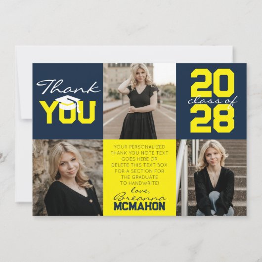 Navy & Yellow 3 Foto Abschluss Vielen Dank Einladung (Vorderseite)