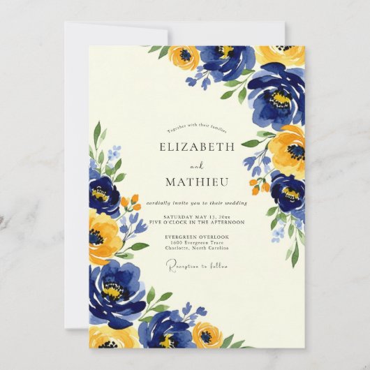 Navy Yellow Artistic Spring Wedding Einladung (Vorderseite)