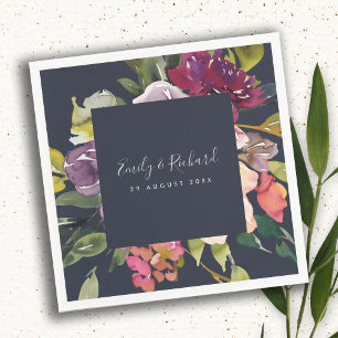 NAVY YELLOW BLUSH BURGUNDY FLORAL BUNCH WEDING SERVIETTE