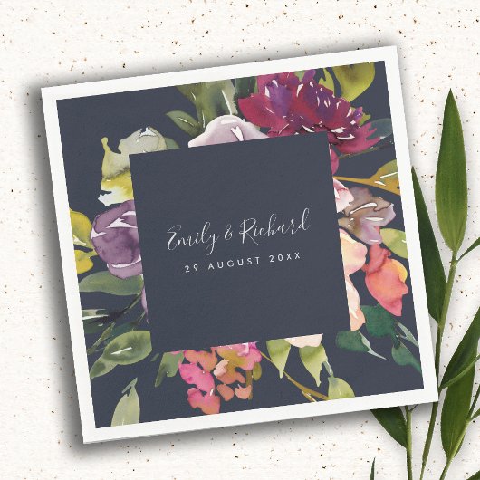 NAVY YELLOW BLUSH BURGUNDY FLORAL BUNCH WEDING SERVIETTE