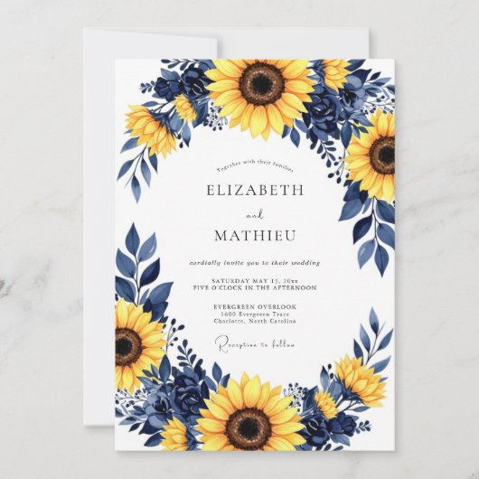 Navy Yellow Bold Sunflower Wedding Einladung (Vorderseite)