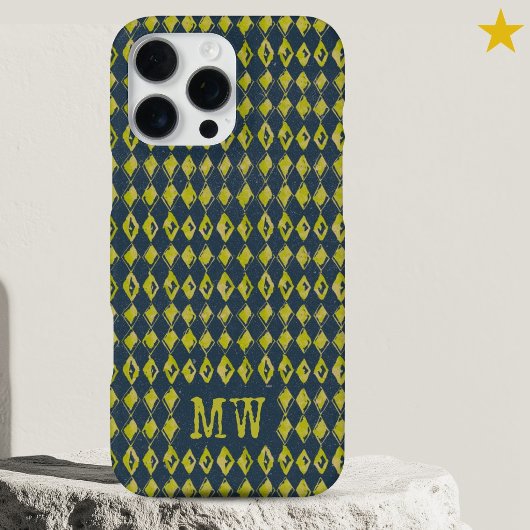 Navy Yellow Doodle Diamond Pattern Custom Monogram iPhone Hülle