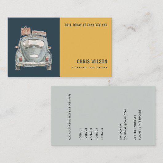 NAVY YELLOW GRAY TAXI HIRRING CAB DRIVER SERVICE VISITENKARTE (Vorne/Hinten)