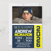 Navy & Yellow Modern Abschluss Foto Einladung (Vorderseite)