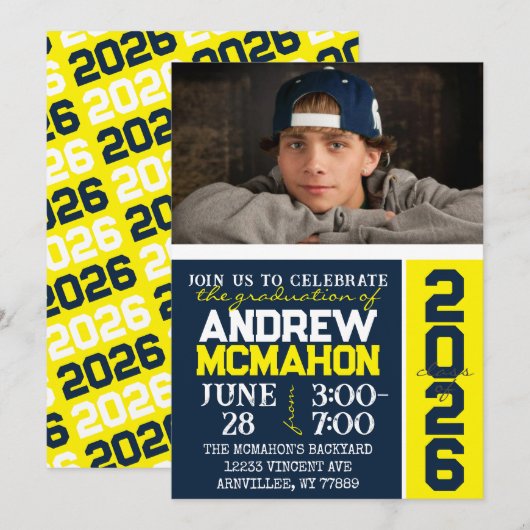 Navy & Yellow Modern Abschluss Foto Einladung (Vorne/Hinten)