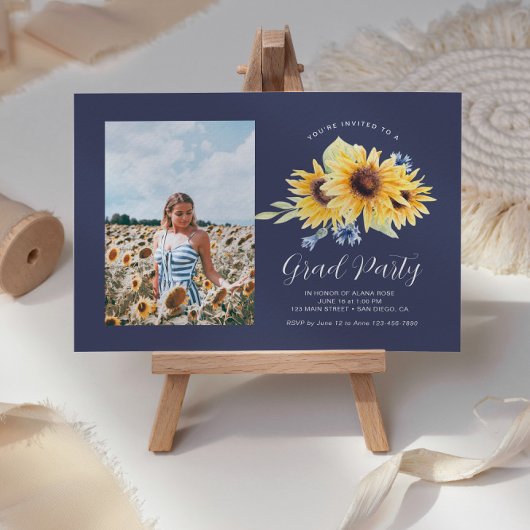 Navy + Yellow Sunflower Abschluss Foto Einladung