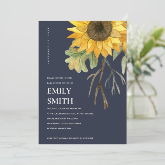 NAVY YELLOW SUNFLOWER FLORAL BABY SHOWITE EINLADEN DANKESKARTE (Stehend Vorderseite)