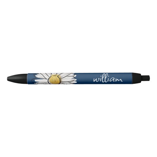 Navy & Yellow Trendy Daisy Floral Pen Kugelschreiber (Vorderseite)