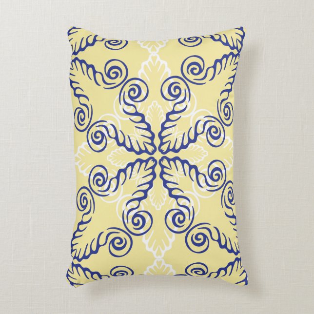 Navy Yellow White Scrollwork Muster Akzent Pillow Zierkissen (Vorderseite(Vertikal))