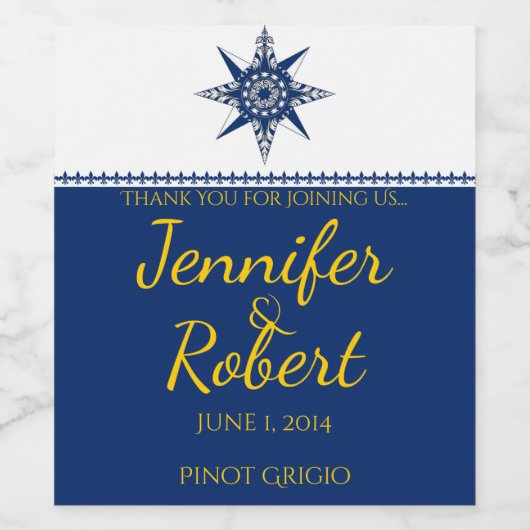 Navy Yellow Wine Label der Nautical Compass Rose Weinetikett (Einzelnes Label)