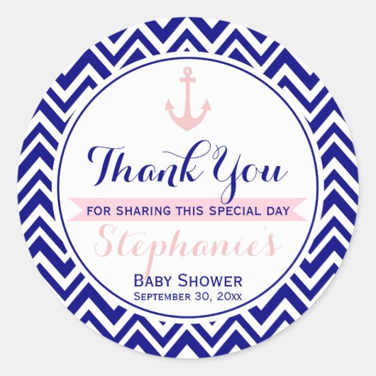 Navy Zickzack mit Baby Pink Nautical Baby Dusche Runder Aufkleber (Vorderseite)