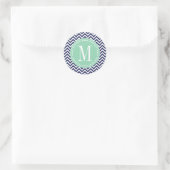 Navy Zickzack Zigzag Personalisiert Monogram Runder Aufkleber (Tasche)