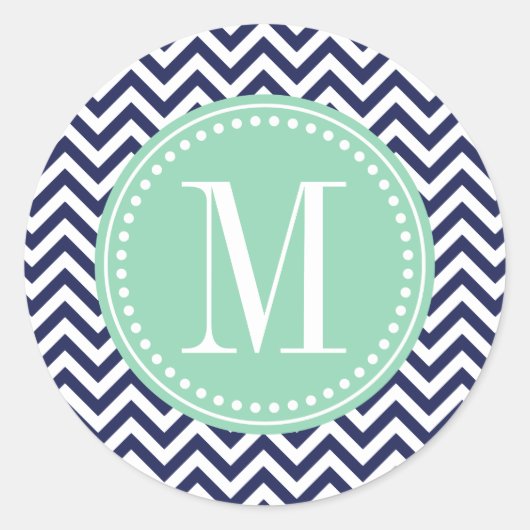 Navy Zickzack Zigzag Personalisiert Monogram Runder Aufkleber (Vorderseite)