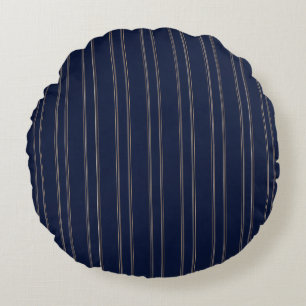 Navyblau Elfenbein Gold Pinstripes Rundes Kissen