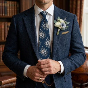 Navyblau & Elfenbein Vintage Botanical Floral Krawatte